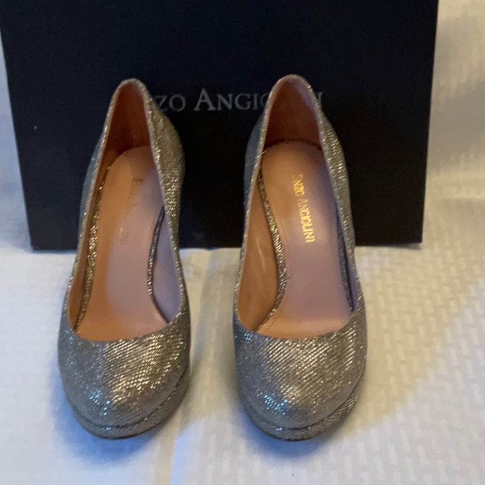 Enzo Angiolini Glitter Platform Pumps in Silver